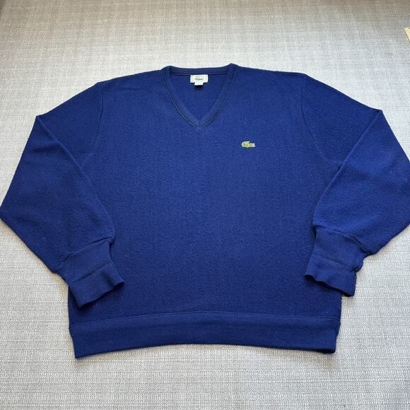 Vintage Izod Lacoste Sweater Large Blue V Neck‎ USA Made Knit Pullover 70s 80s - Picture 1 of 8